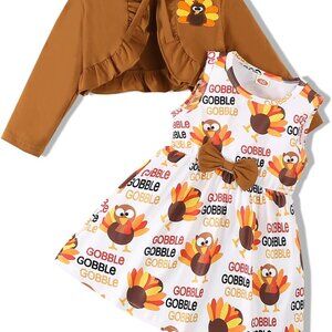 Elegant Girls Thanksgiving Dress Set with Cardigan - Cute Turkey Design | 18M-6Y